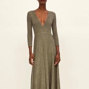 ZARA Knit Shimmery Gold Pleated Maxi Dress Size Small